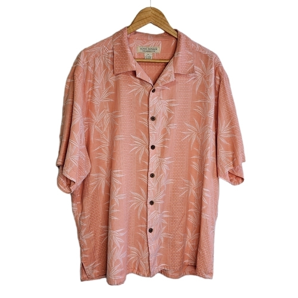 Island Republic palm print silk blend coral short sleeve button casual shirt